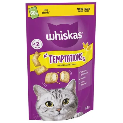 Whiskas Temptations with chicken and cheese, less than 2 kcal per treat, 60% less plastic, new pack, contains vitamins, minerals, protein, and is described as 100% delicious. 60g pack.