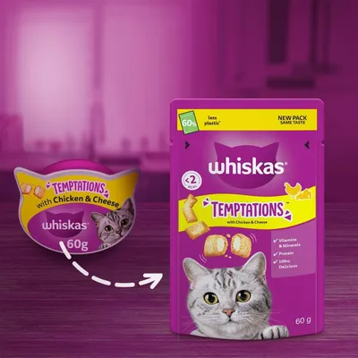 Whiskas Temptations with Chicken & Cheese new pack, 60g, showing switch from old to new packaging. Highlights: less plastic, under 2 kcal, vitamins, minerals, protein, 100% delicious.