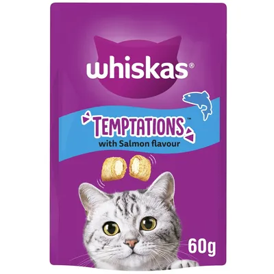 Temptations with salmon flavour, 60g pack. Image shows two treats and a cat's face.