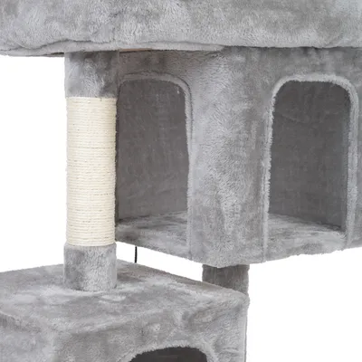 Árbol rascador gris con dos cuevas y un poste rascador envuelto en sisal. Estructura de suave felpa.