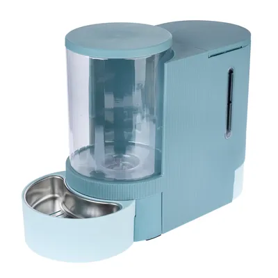 Automatischer Futterspender mit transparentem Behälter, Edelstahl-Futterschale und Wasserstandsanzeige. Geeignet für präzise Fütterung.