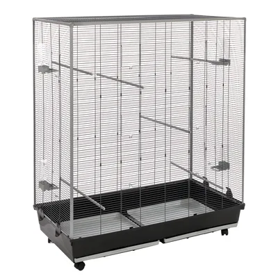 Large metal birdcage with mesh walls, black plastic base, pull-out trays and wheels for easy movement. Several perches inside.