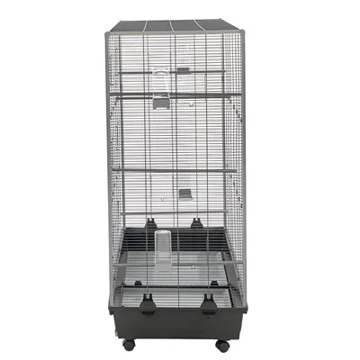 Large metal cage with mesh walls, multiple levels and wheels. Includes food and water dispensers and a pull-out base tray.