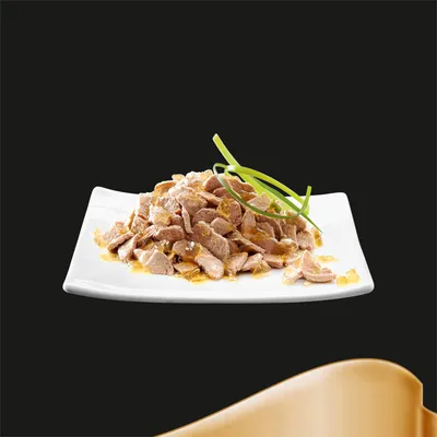 Chunks of wet pet food in gravy on a white square plate, garnished with green vegetable strips, shown against a black background.