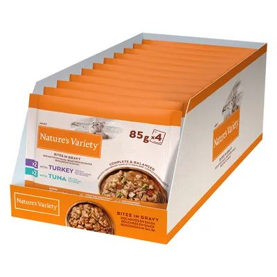 Nature's Variety Bites w sosie, 85g x4, z indykiem i tuńczykiem. Kompletny i zbilansowany dla dorosłych kotów.