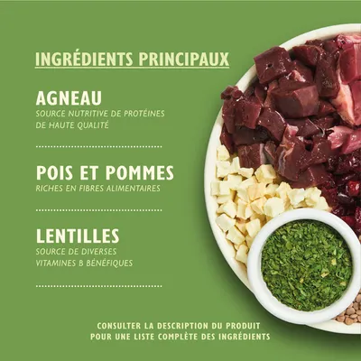 Ingrédients principaux : agneau, pois et pommes, lentilles. Agneau source de protéines, pois et pommes riches en fibres, lentilles source de vitamines B. Voir description pour liste complète.