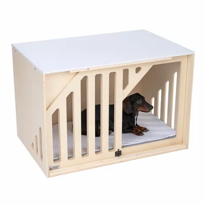 Holz-Hundebox mit weisser Oberfläche, Gitterdesign und einem liegenden Hund auf einer gepolsterten Matte. Sichtbares Logo: Hoosenwood.