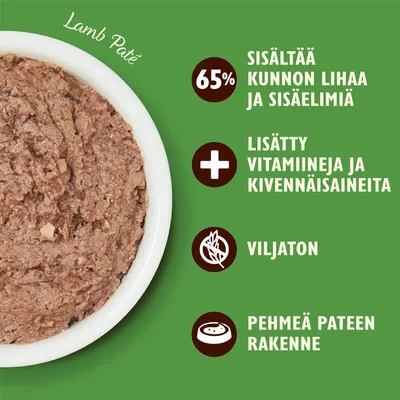 Lamb Paté. 65 % kunnon lihaa ja sisäelimiä, lisätty vitamiineja ja kivennäisaineita, viljaton, pehmeä pateen rakenne.