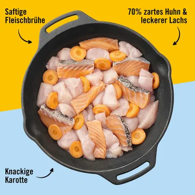 Tigaie neagră cu 70% pui fraged, somon gustos, morcov crocant și supă de carne suculentă. Ingrediente vizibile pentru hrană pentru animale.
