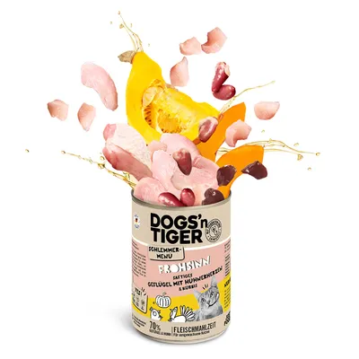 DOGS'n TIGER Schlemmer-Menü Rohsinn, juicy poultry with chicken hearts and pumpkin. 70% poultry & chicken, meat meal for adult cats.