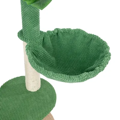 Groene krabpaal met sisalstam, gevoerde ligplek en hangmat van groene stof.