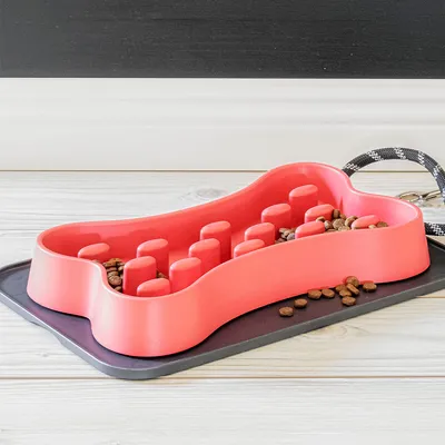 Red bone-shaped feeding bowl with raised areas, filled with dry food. Placed on a grey mat next to a black and white patterned lead.