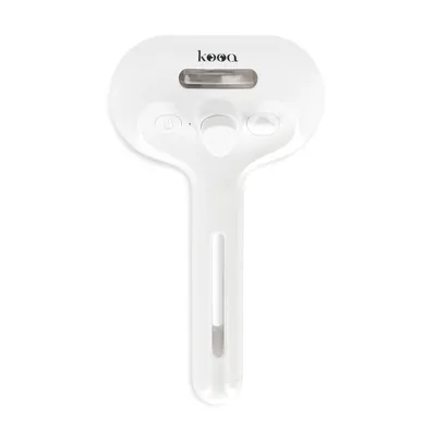 kooa. White device with on/off switch, function buttons and viewing window for contents.