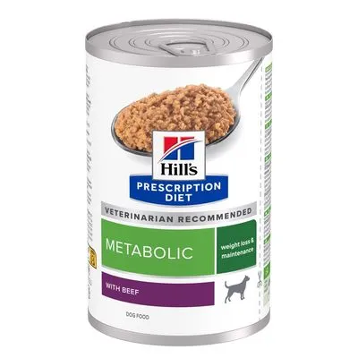 Blik Hill's Prescription Diet Metabolic met rund, tekst: veterinarian recommended, weight loss & maintenance, with beef, afbeelding van natvoer en hondpictogram.