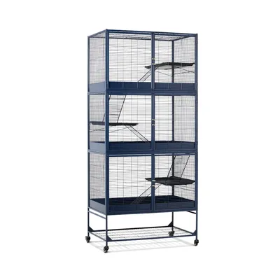 Grande cage à rongeurs en métal bleu avec plusieurs étages, rampes et portes, montée sur roulettes. Trois niveaux visibles avec plateformes noires et espace de rangement en bas.
