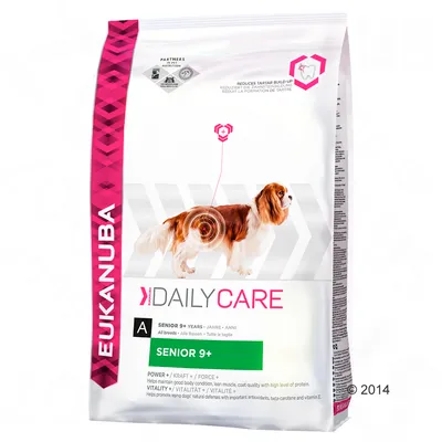 Saco de ração Eukanuba Daily Care Senior 9+ para cães, com imagem de cão e texto visível: 'Reduz a formação de tártaro', 'Senior 9+', 'Vitality', 'Power'.