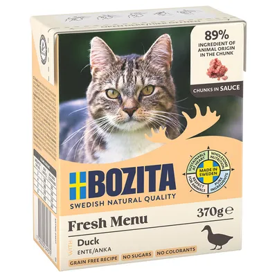 Bozita Fresh Menu ankalla, 370g. Viljaton, ilman sokeria, ei väriaineita. 89 % eläinperäisiä ainesosia paloina, valmistettu Ruotsissa. Palat kastikkeessa.