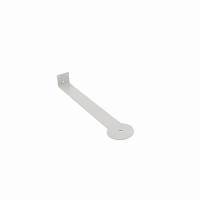 Support en métal gris avec une extrémité ronde percée et une extrémité coudée à deux trous de fixation, sans marque visible.