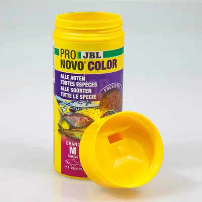 JBL Pro Novo Color pokarm dla ryb wszystkich gatunków, granulat M, tonący, odpowiedni dla ryb 8-20 cm. Prebiotyczny dla zdrowia.