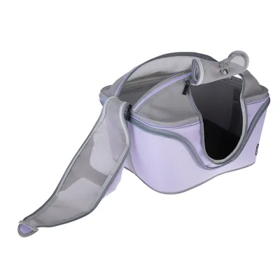 Sac de transport rigide lavande avec ouvertures en maille zippées, poignée sur le dessus et intérieur sombre visible. Aucun animal ni marque apparente.