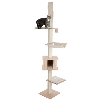 Árbol rascador de madera con varios niveles, cueva y superficies para descansar. Un gato está sentado en la plataforma superior.