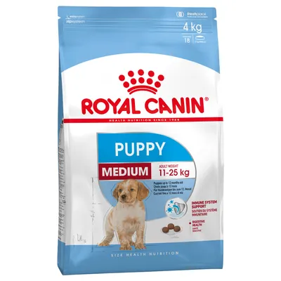 Royal Canin Puppy Medium 4 kg, felnőtt súly 11–25 kg, kölyökkutyáknak 12 hónapos korig. Immune System Support, Digestive Health feliratok láthatók a csomagoláson.