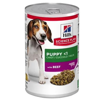 Tin labelled Science Plan, Puppy under 1 year, with beef. Shows food contents and multilingual text: chiot, cucciolo, welpe.