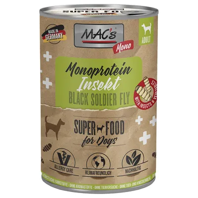 MAC's Mono Adult hrană pentru câini, monoproteină insectă Black Soldier Fly, superaliment pentru câini. Fabricat în Germania, potrivit pentru alergici, ecologic, sustenabil, fără coloranți artificiali.