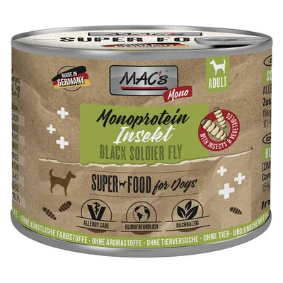 MAC's Mono hrană pentru câini, monoproteină insectă Black Soldier Fly. Fabricat în Germania, potrivit pentru alergici, ecologic, sustenabil, fără coloranți artificiali, fără teste pe animale.