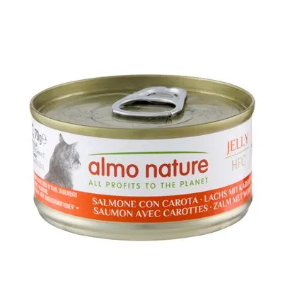 almo nature kattenvoer in blik, tekst: ALL PROFITS TO THE PLANET, JELLY HFC, zalm met wortel. Metaal blik met trekdeksel.