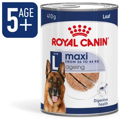 Boîte de pâtée Royal Canin maxi ageing 410 g, pour chiens de grande taille (26 à 44 kg), âge 5+, texte en anglais : loaf, digestive health, from 26 to 44 kg, ageing.