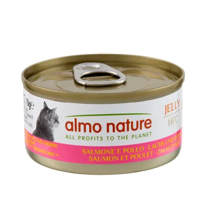 Almo Nature Jelly HFC, Dose mit Lachs und Hühnchen, 70g. Text: 'All profits to the planet'.