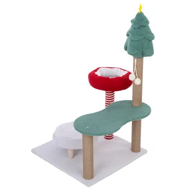Kratzbaum mit Weihnachtsdesign, grüne Plattform, rotes Nest, Spielzeugbälle und Kratzstämme aus Sisal.