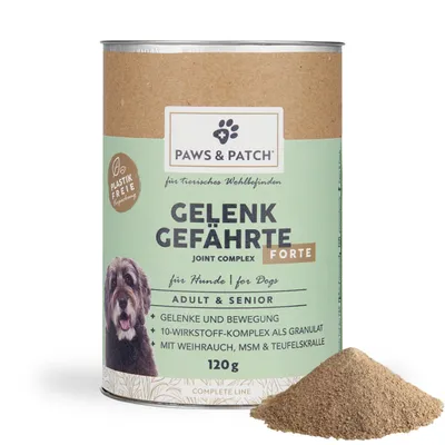 Paws & Patch Gelenk Gefährte Forte, Joint Complex for dogs. Adult & Senior, 120g granules with frankincense, MSM and devil's claw. Plastic-free packaging.