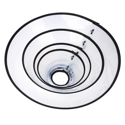 Vue de dessus de quatre collerettes vétérinaires transparentes en plastique, tailles différentes empilées, bords noirs visibles.
