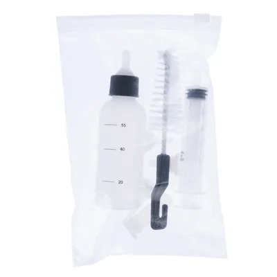 Set bestehend aus Flasche mit Skala bis 55 ml, Spritze, Reinigungsbürste und Zubehör in einem transparenten Beutel.