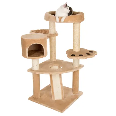 Cat tree with multiple levels, cave, resting areas and sisal posts. Beige fabric cover. Cat lying on the padded top platform.