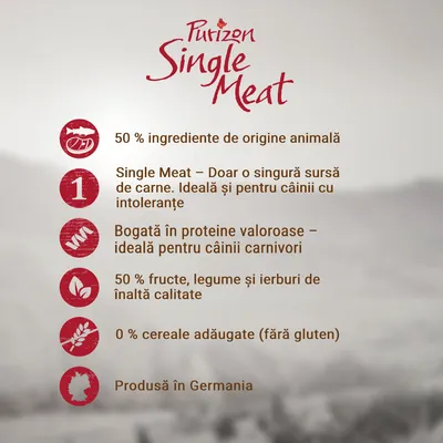 Purizon Single Meat: 50 % ingrediente de origine animală, o singură sursă de carne, bogată în proteine, 50 % fructe/legume/ierburi, fără cereale adăugate, produsă în Germania.