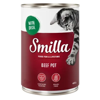 Lattina Smilla Beef Pot 400 g, con scritte: WITH DUCK, FOOD FOR A LIFETIME, CONTAINS TAURINE, GRAIN-FREE. Immagine di un gatto sulla confezione.