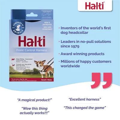 Halti Front Control Harness packaging with key features: inventors of first dog headcollar, leaders in no-pull solutions since 1979, award winning products, millions of happy customers worldwide.