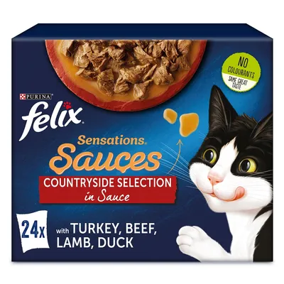 Purina Felix Sensations Sauces Countryside Selection in Sauce, 24x con tacchino, manzo, agnello, anatra. No colourants same great taste.