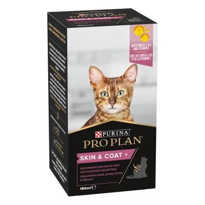 Purina Pro Plan Skin & Coat+ for cats, 150ml. With omega 3 & 6 and vitamin E. Helps promote skin health, helps coat glossiness and softness. Cat image on front.