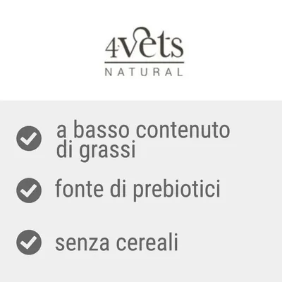 4vets Natural: a basso contenuto di grassi, fonte di prebiotici, senza cereali