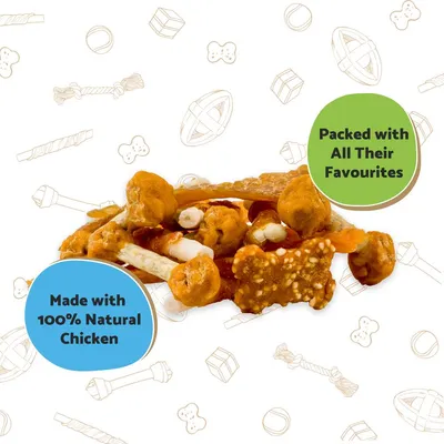 Assorted treats made with 100% natural chicken. Text highlights: 'Packed with all their favourites' and 'Made with 100% natural chicken'.