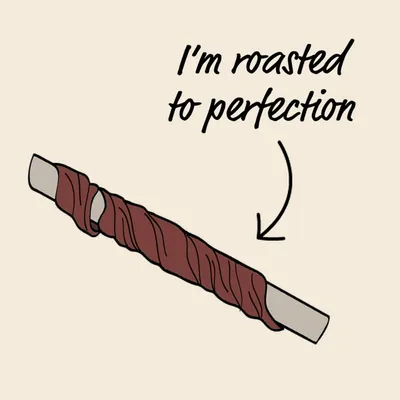 Illustration of a treat stick with text stating 'I'm roasted to perfection', highlighting the roasting process as a key product feature.