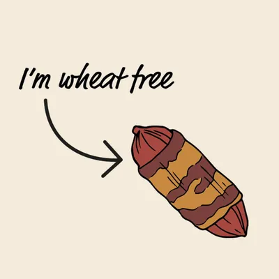 Illustration of a treat with an arrow and the text 'I'm wheat free', indicating the product does not contain wheat.