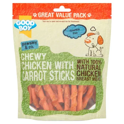 Chewy chicken with carrot sticks, made with 100% natural chicken breast meat. Rawhide free. Great value pack. Product visible through packaging window.