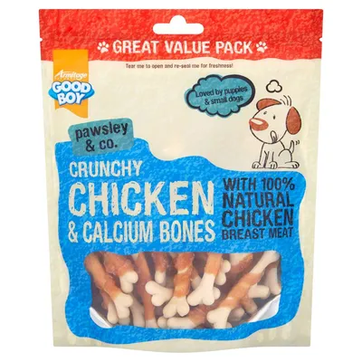 Crunchy chicken and calcium bones with 100% natural chicken breast meat, loved by puppies and small dogs. Great value pack, resealable for freshness.