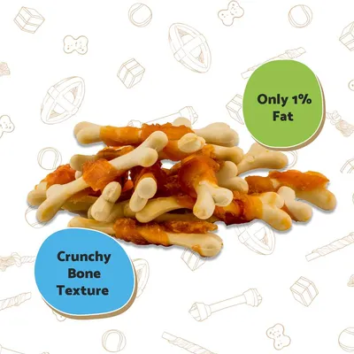 Crunchy bone texture treats with only 1% fat, shown in a pile. Key features highlighted: crunchy texture and low fat content.