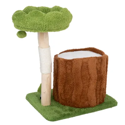 Rascador con cojín verde en forma de copa de árbol, tronco-cueva marrón y tronco de madera envuelto en sisal sobre base verde.